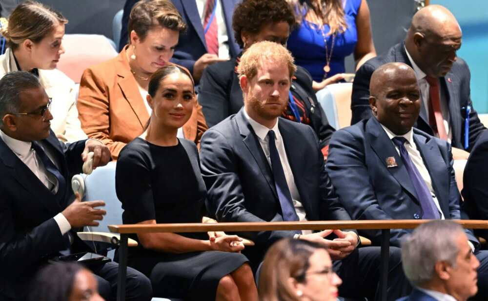 Prince Harry (R) and Meghan Markle (L), the Duke and Duchess of Sussex, attend the UN General Assembly on Nelson Mandela International Day Prince Harry (R) and Meghan Markle (L), the Duke and Duchess of Sussex, attend the UN General Assembly on Nelson Mandela International Day