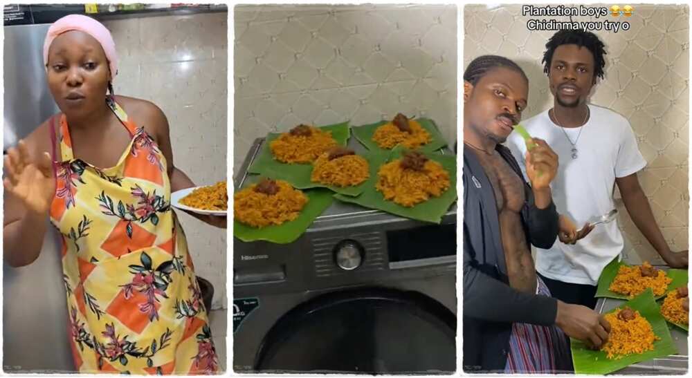 Lady serves her brothers jollof rice, jollof rice in plantain leaves. Lady serves her brothers jollof rice, jollof rice in plantain leaves.