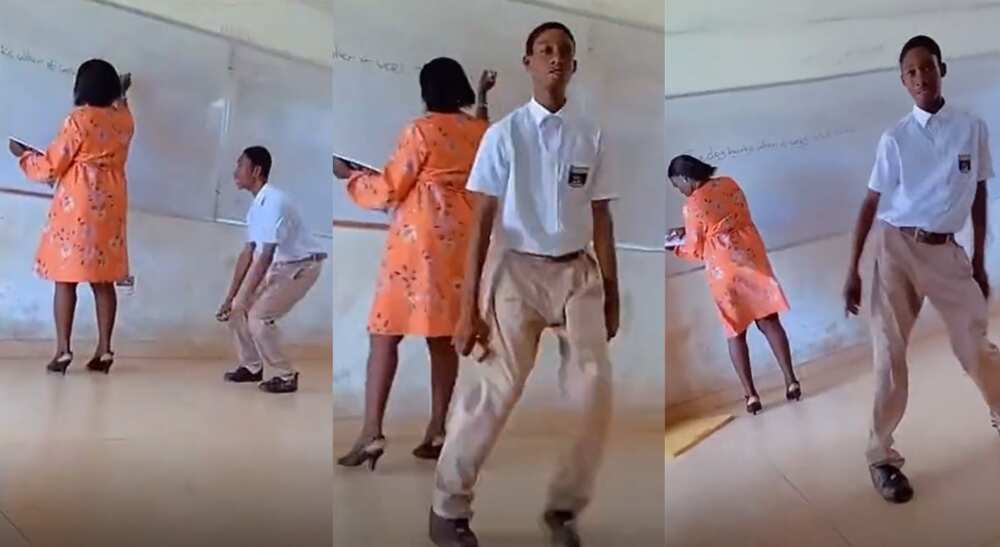 Photos of a student dancing in the class while a teacher was around.