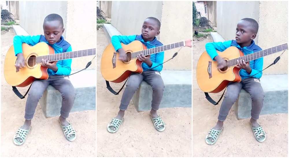 Photos of a boy playing on the guitar.