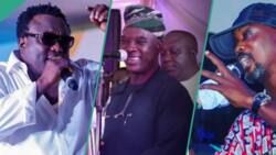 KWAM 1 elated as Pasuma, Osupa join him on stage at Alawiye's 50th birthday party, he kisses them in fun video