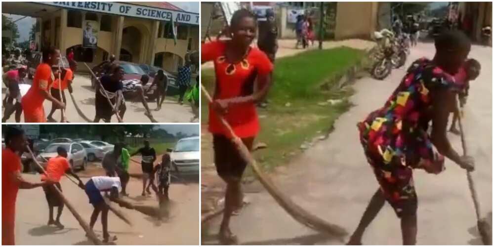 Nigerians react to video of non-teaching staff of Delta polytechnic sweeping campus main gate to celebrate exit of their rector