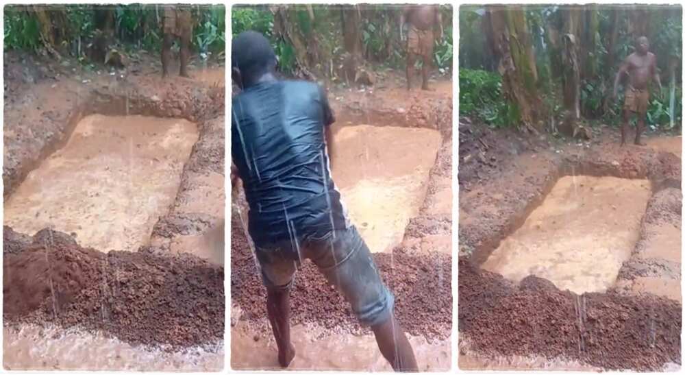 Photos of a grave covered by rain water.