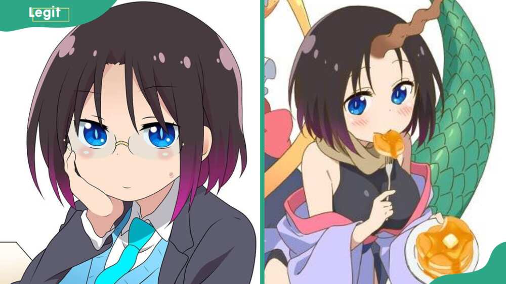 Elma looking worried (L) and holding a spoon eating cake (R)
