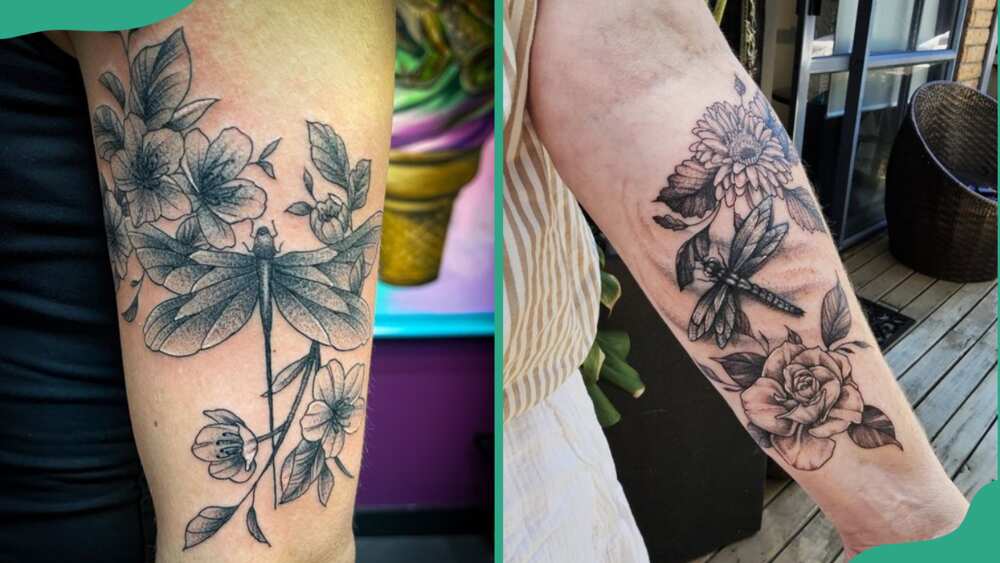 Dragonfly and flower tattoos