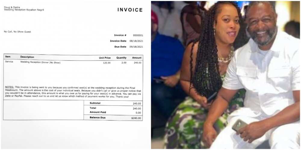 Couple send N97k invoice to guests who failed to show up at their wedding, tell them to pay up before Aug 18