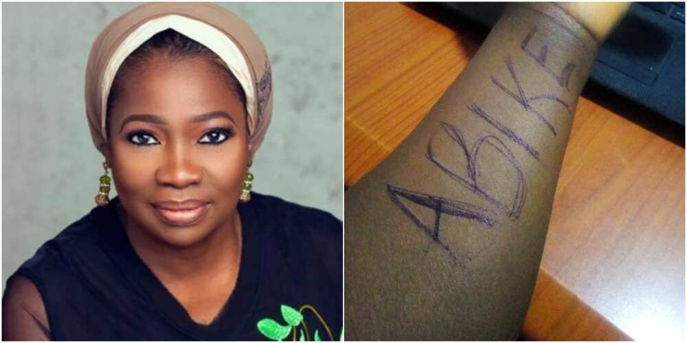 Nigerian woman tattoos Abike Dabiri-Erewa's name, declares undying love for her, NIDCOM boss reacts
