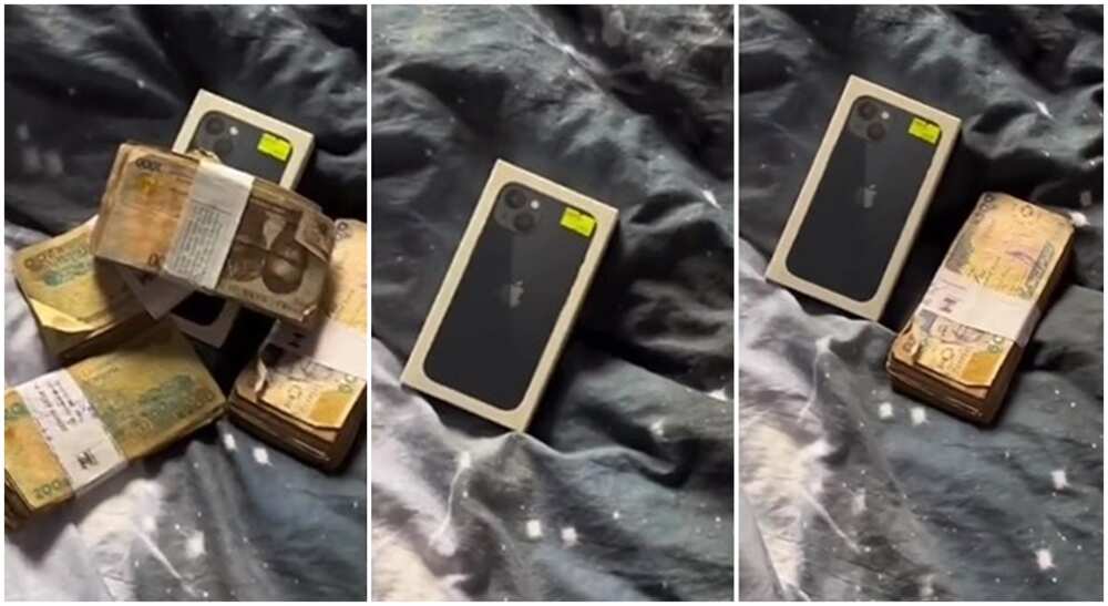 Photos of iPhone 13 and bundles of cash Nigerian lady gifted her younger sister.