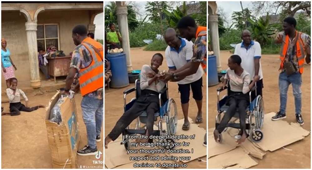 Photos of a disabled girl receiving the gift of a wheelchair from a good samaritan.