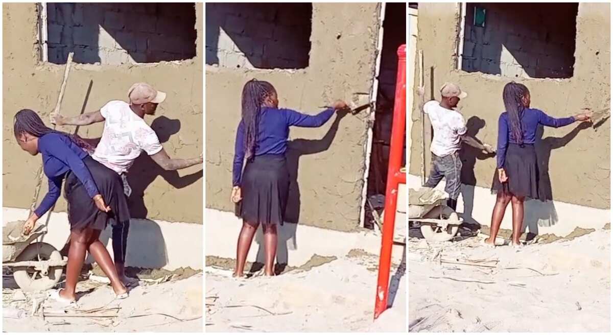 Video: The moment a young lady joined her man to work at a construction site
