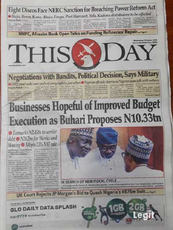 Nigerian newspaper This Day for Wednesday, October 9
