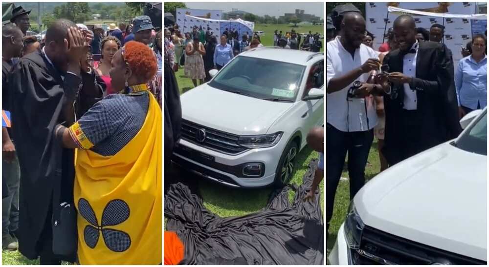Photos of a student gifted a brand new jeep by his father.
