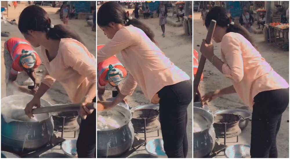 Photos of a lady turning fufu in a large pot.