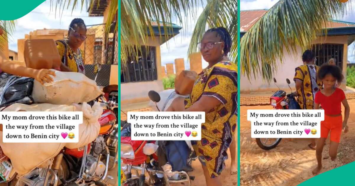 OMG! Nigerian mother bikes from village to Benin city to deliver food supplies to daughter, heartwarming video shows unloading process