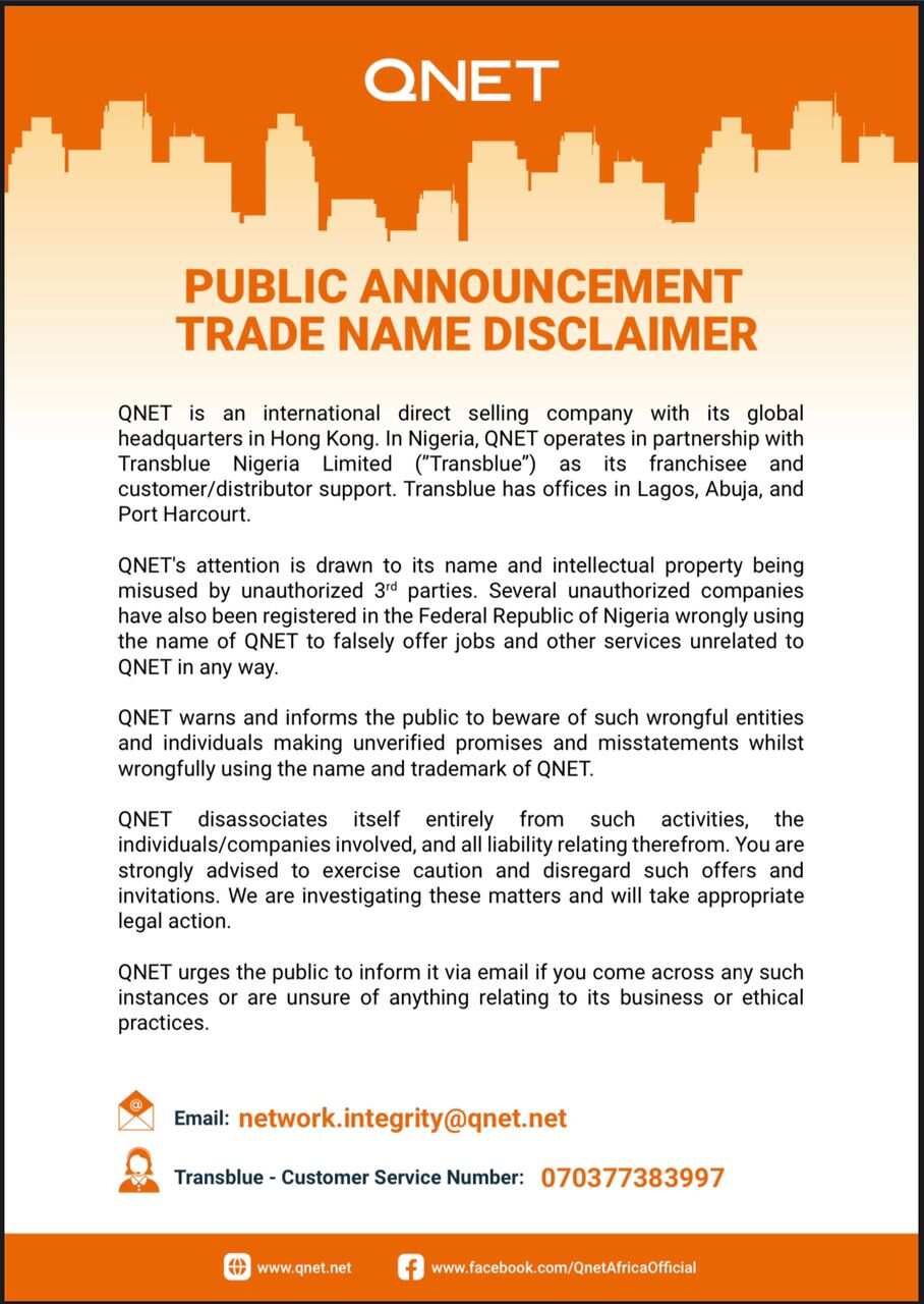 QNET Offers Public Announcement of Trade Name Disclaimer