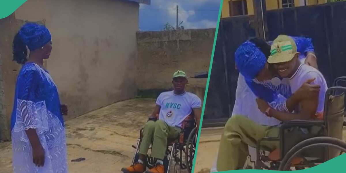 Nigerian graduate in wheelchair celebrates emotional moment with mother after NYSC enlistment; heartwarming salute followed by loving hug