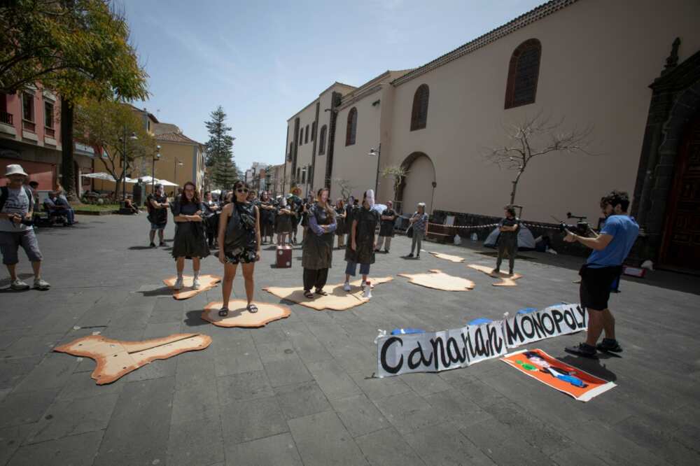 Members of the 'Canaria se agota' ('Canaria is exhausted') movement protest against the constuction of a hotel near La Tejita playa