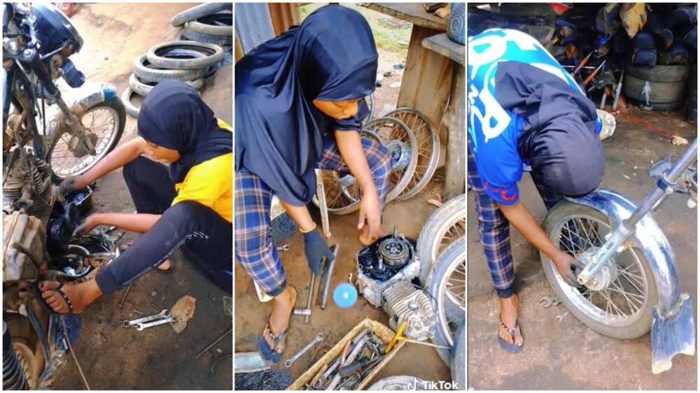 Female automobile mechanics in Nigeria/young lady dismantled bike.