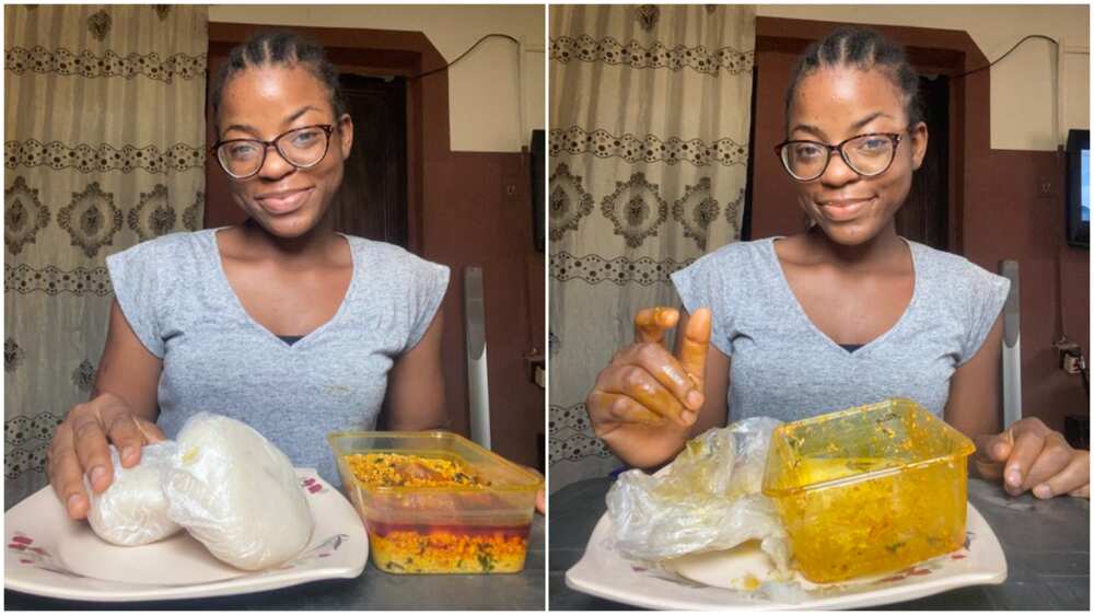 Nigerian lady finishes 2 big wraps of fufu with full plate of eguisi soup, photos spark reactiions