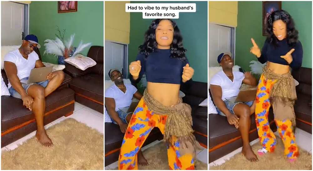 Photos of a woman dancing in the front of her husband. Photos of a woman dancing in the front of her husband.