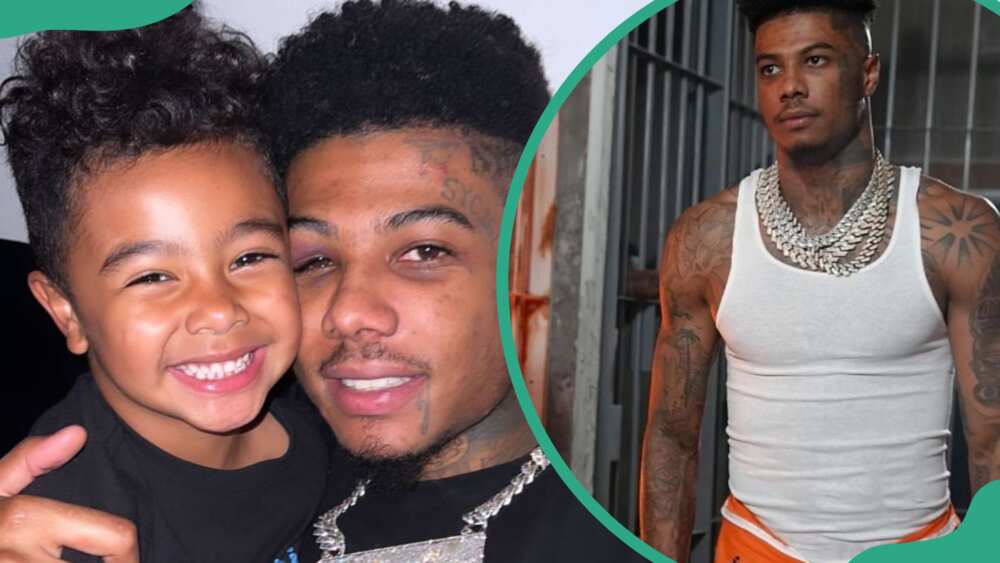 Javaughn J. Porter and his father hugging (L). Blueface posing in a white vest (R)