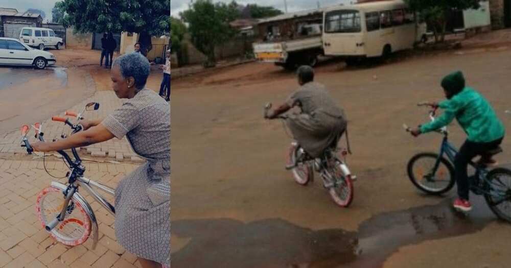 Man teaches gogo how to ride bike