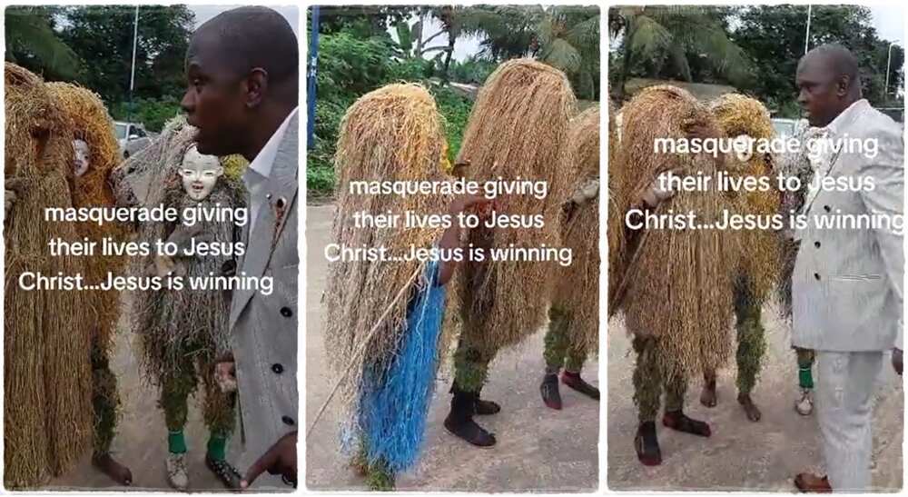 Photos of a man preaching to masquerades. Photos of a man preaching to masquerades.