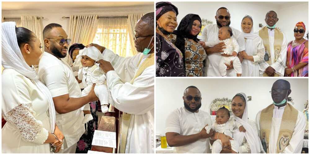 Olakunle Churchill, wife share photos from son's baptism.
