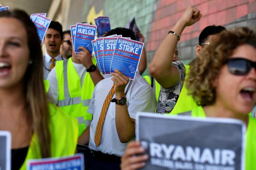 Striking Ryanair workers protest at Barcelona's El Prat airport