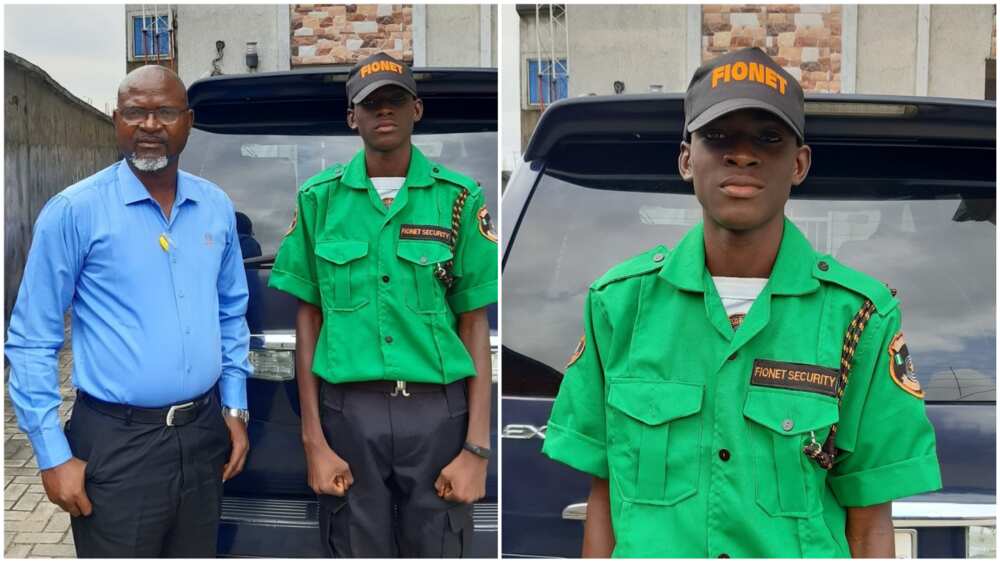 The Nigerian dad shares photos of his son dressed in a security uniform.
Photo source: LinkedIn/Felix