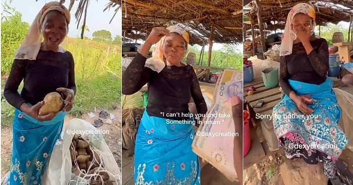 Woman offers free potatoes to man, stranger, kind market woman