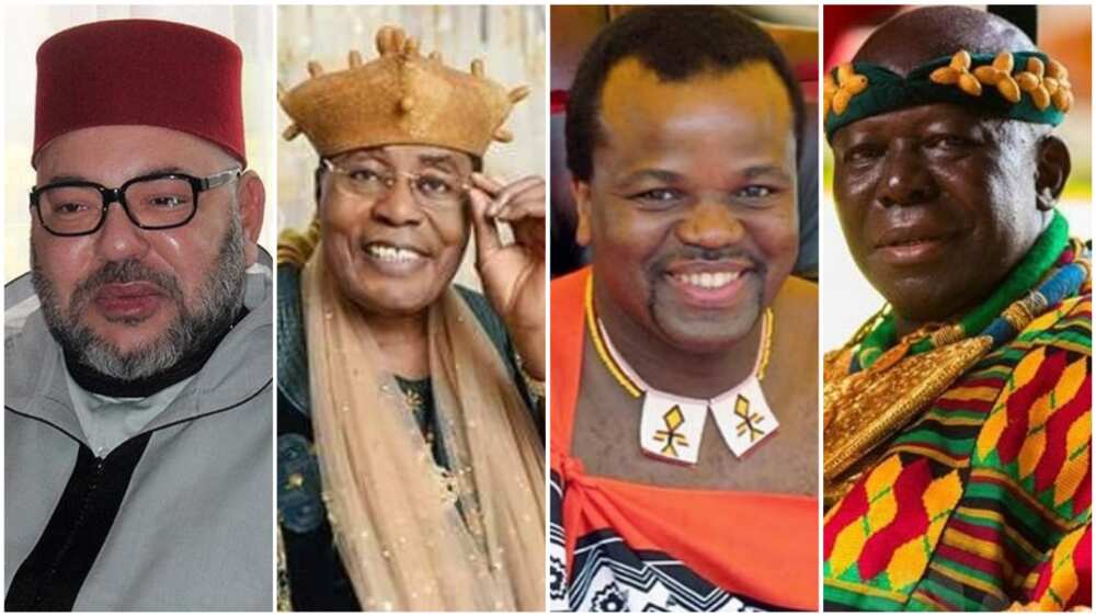 A collage of King Mohammed, Frederick, Mswati, and Osei. Photos sources: Moroccan Times/GhanaWeb/DailyPost