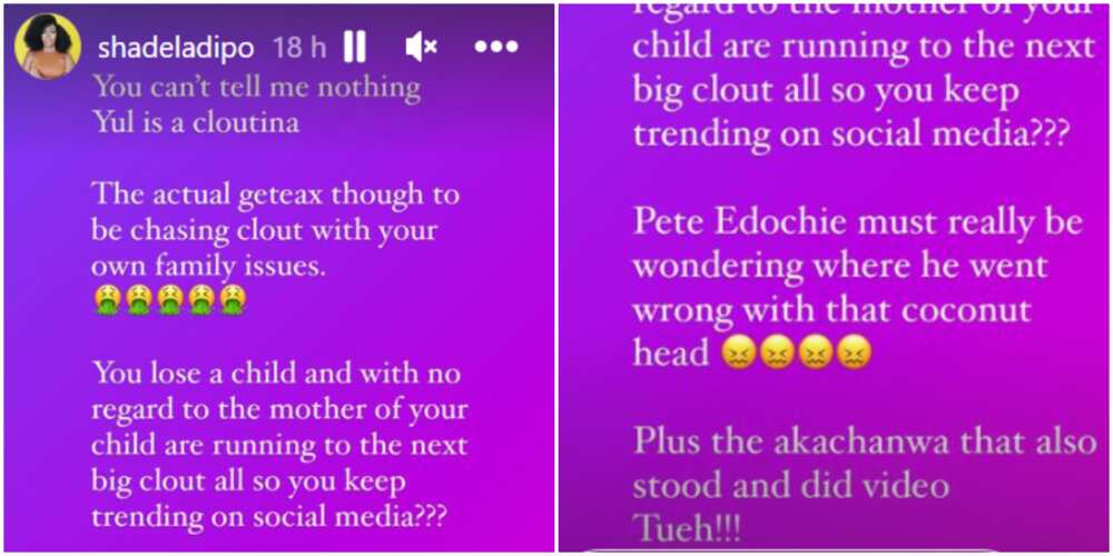 Shade Ladipo attacks Yul Edochie for endorsing 2nd wife's viral video, Shade Ladipo says Pete Edochie Must Be Wondering Where He Went Wrong