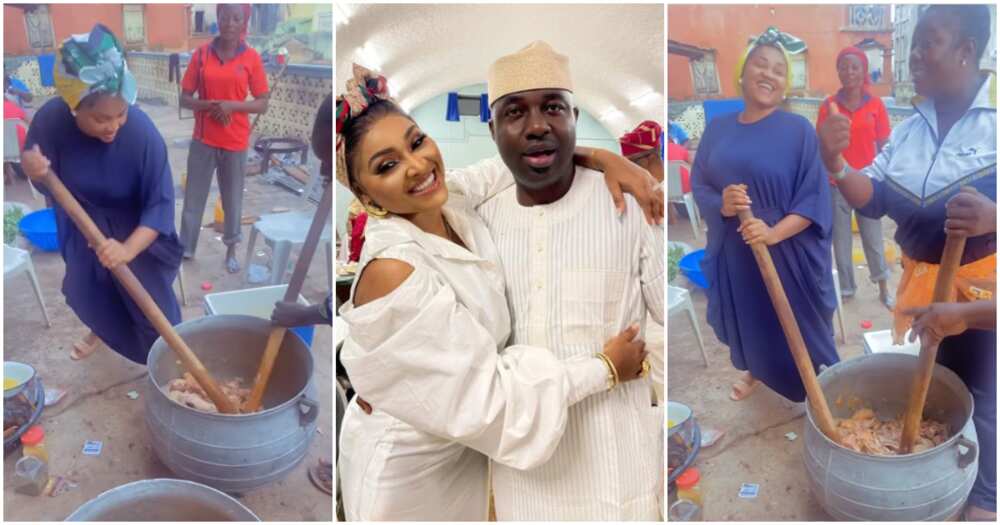 Mercy Aigbe cooking in husband's village