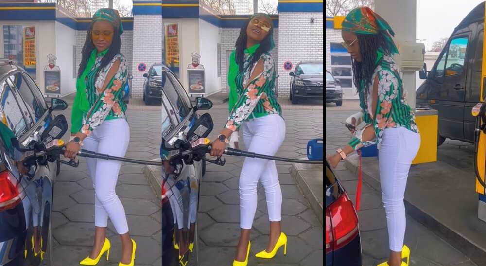 Photos of an elegant lady buying fuel at a filling station.