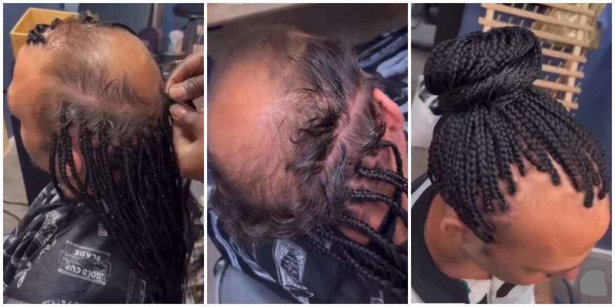 Video: Check out how balding oyibo man installed braids on thinning hair