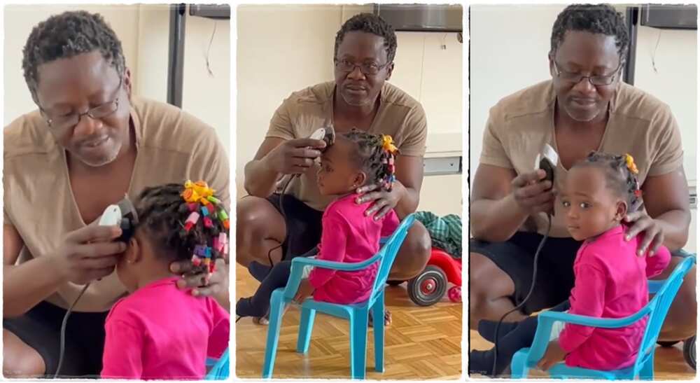 Photos fo a dad giving his daughter a 'haircut'.