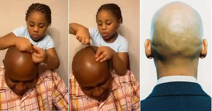 Little girl plaits father, bald head, funny video