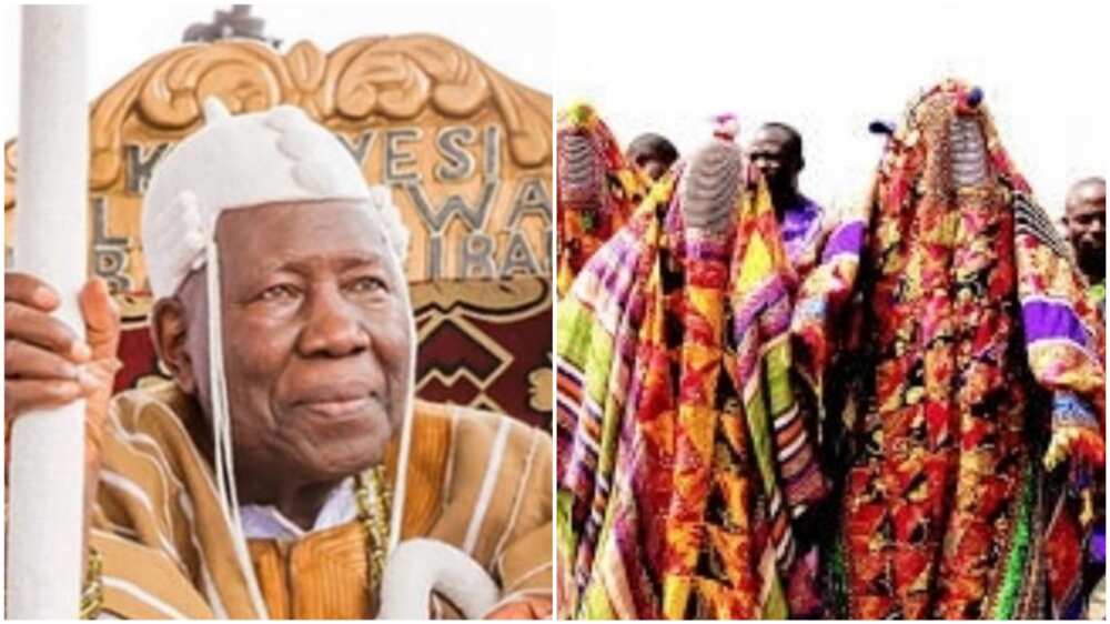 A collage of Olubadan and some masquerades. Photo sources: PM News/The Guardian