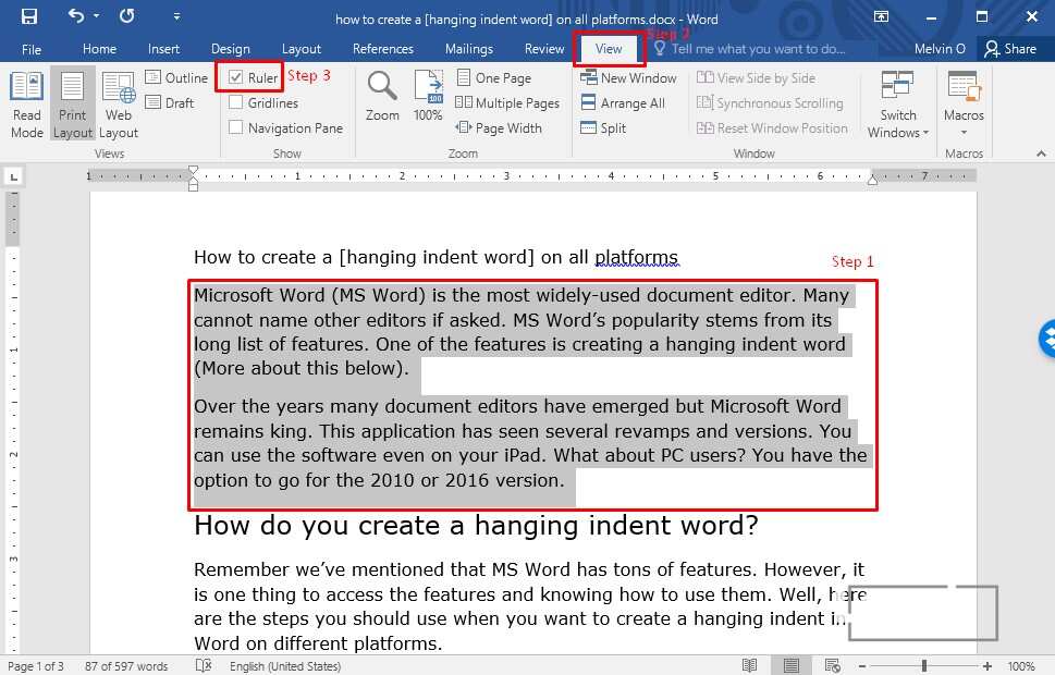 microsoft word how to do a hanging indent