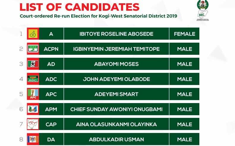 Full list of senatorial candidates contesting Kogi West senatorial rerun as Melaye, Adeyemi lock horns