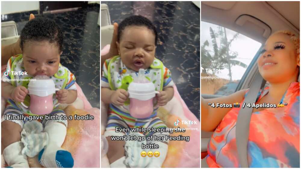 Kid and feeding bottle/mum surprised at kid's love for food.