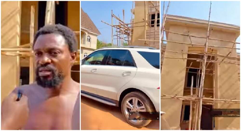 Photos of a Nigerian palm wine tapper who bought Mercedes Benz and built mansion.