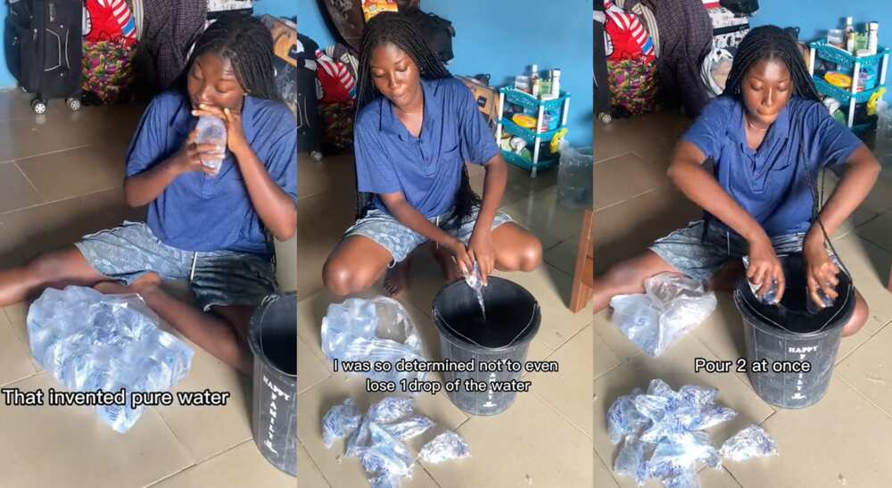 Photos of a Nigerian lady pouring sachet water into a bucket.