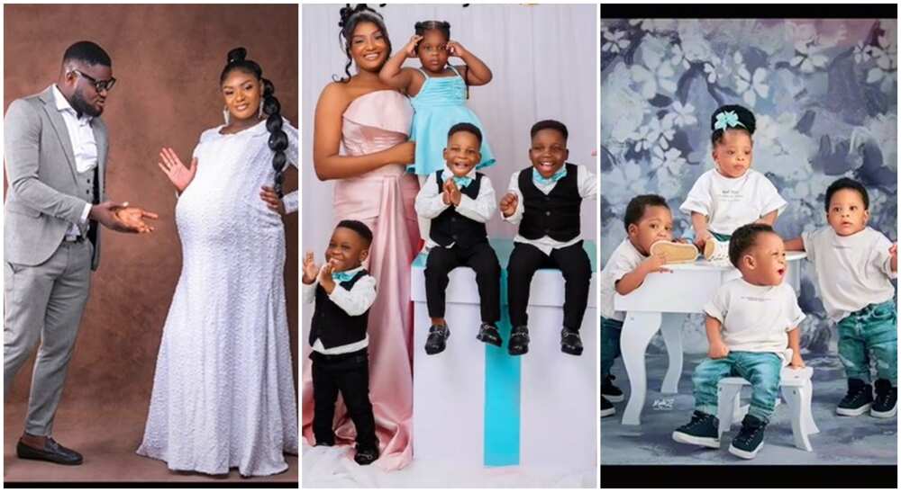 Photos of a mother, her husband and her quadruplets.
