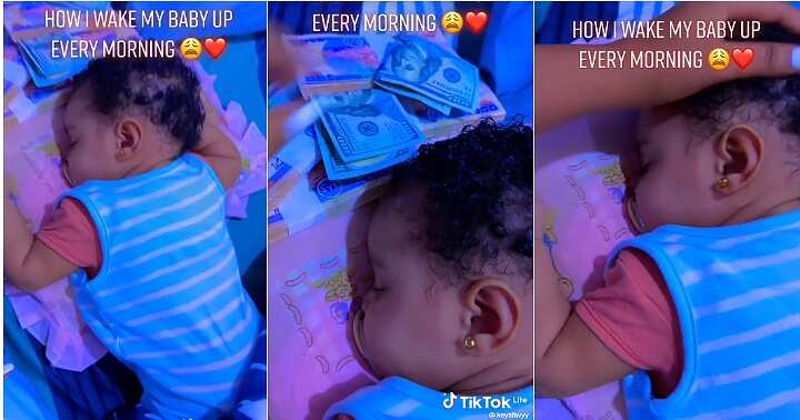 Mum wakes baby with money, bundles of cash