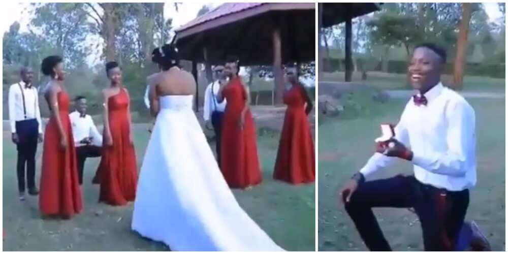 Mixed reactions as man proposes to girlfriend at a wedding ceremony of friend