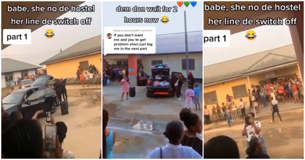 Video students mocking Nigerian man after he pulled up at girlfriend's hostel with gifts but she was nowhere to be found