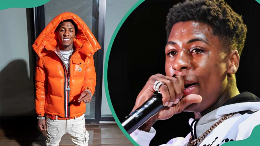 NBA YoungBoy in front of a building (L), NBA YounBoy performing at Champions Square in New Orleans, Louisiana (R).