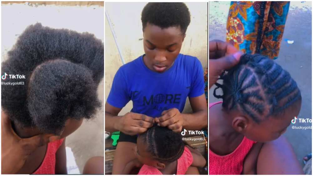 Working as a hairdresser/man plaited girl's hair well. Working as a hairdresser/man plaited girl's hair well.